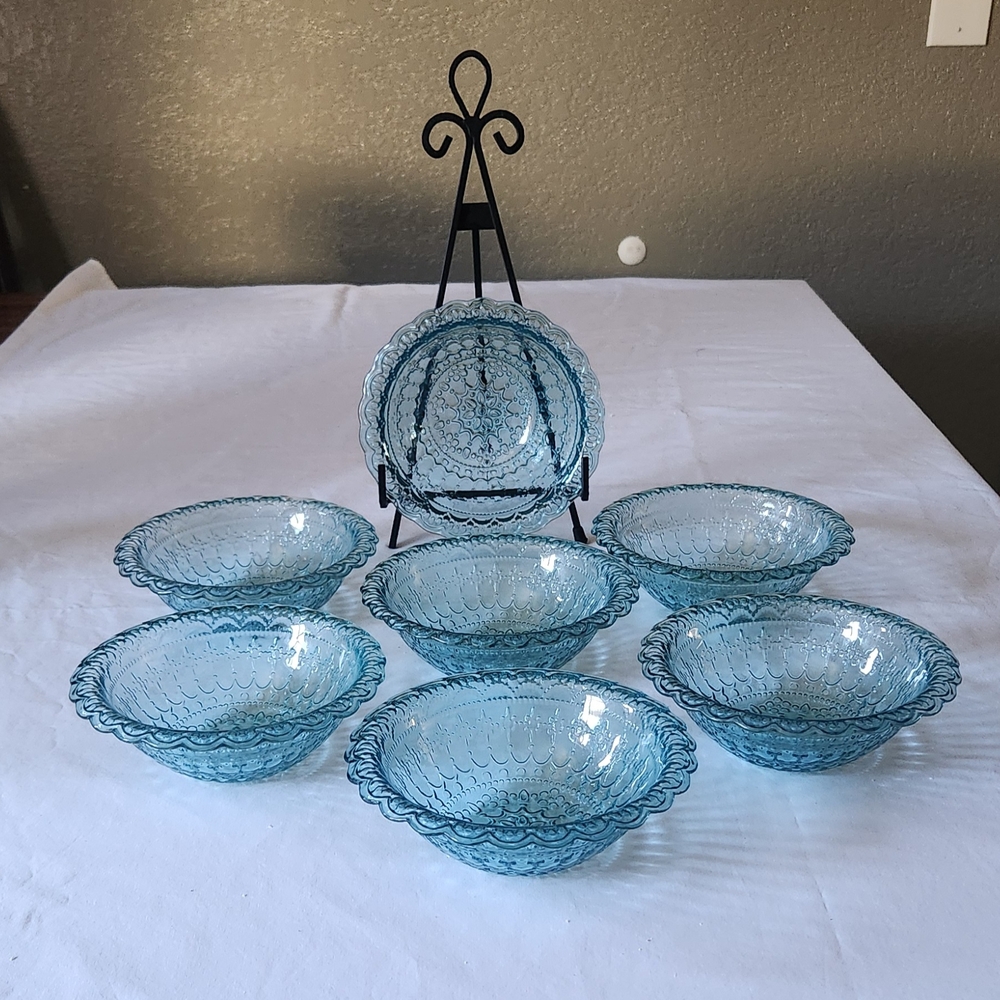 Elegant Set of 7 Teal Blue Glass Bowl Set